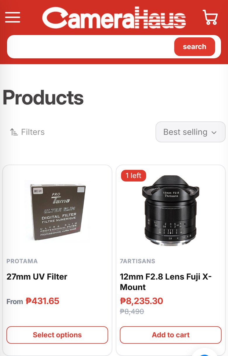 CameraHaus's product list on a phone: filters, sorting and two product cards with add-to-cart buttons.