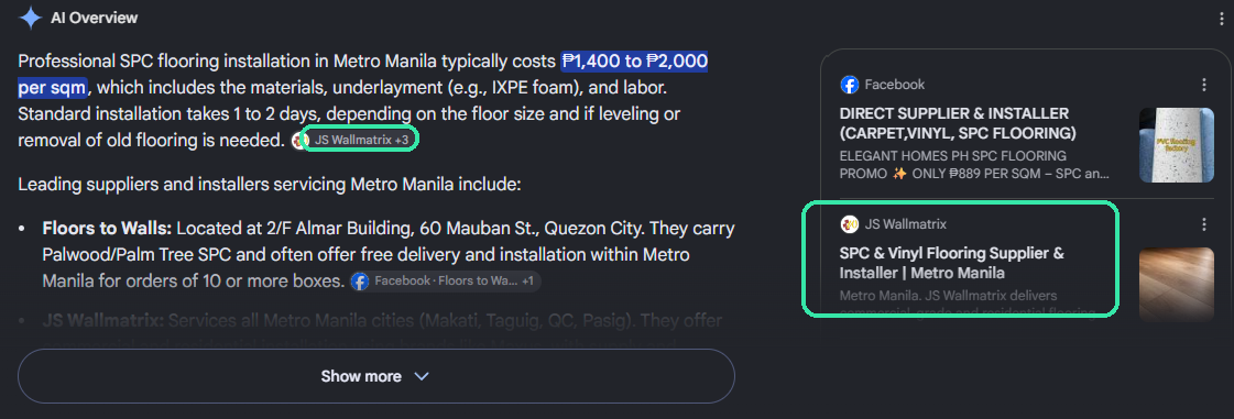 Google AI Overview answering a search for SPC flooring installation cost, citing JS Wallmatrix by name as a source