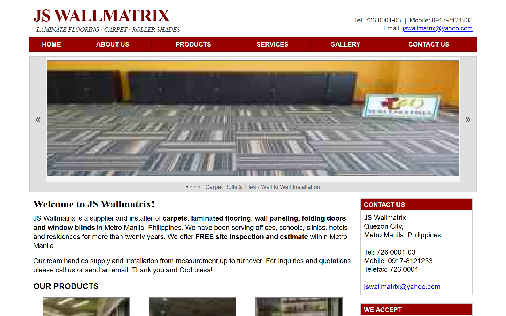 The site JS Wallmatrix had before the rebuild: a narrow fixed-width layout, a single image carousel, and low-resolution product thumbnails.